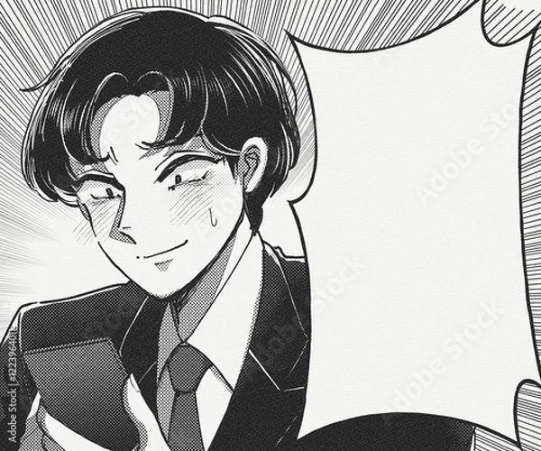 Obraz スマホを見て喜ぶサラリーマンの漫画コマ風イラスト