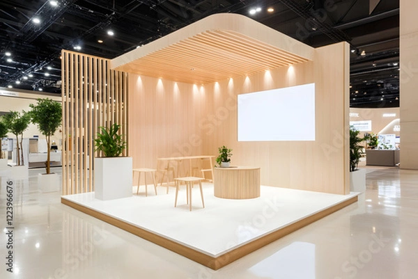 Obraz Modern trade show booth with minimalist design and blank branding space