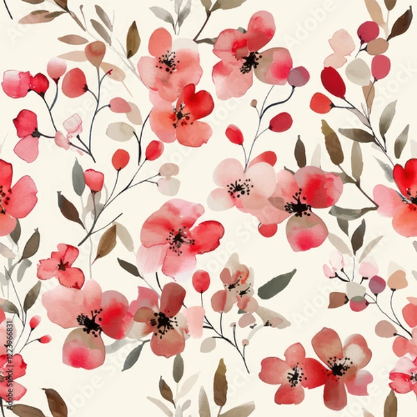 Obraz Cute flowers in shades of red and pink, with soft green leaves  watercolor seamless pattern. Watercolor print in rustic vintage style, textile or wallpapers.

