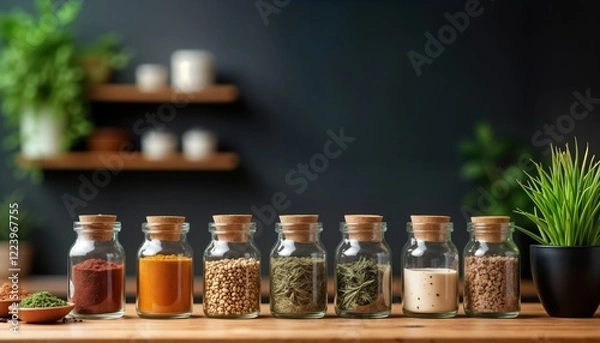 Fototapeta Stylish kitchen display various spices, herbs in glass jars. Natural ingredients displayed neatly on wooden surface against minimalist black backdrop. Modern kitchen decor creates aesthetic space for