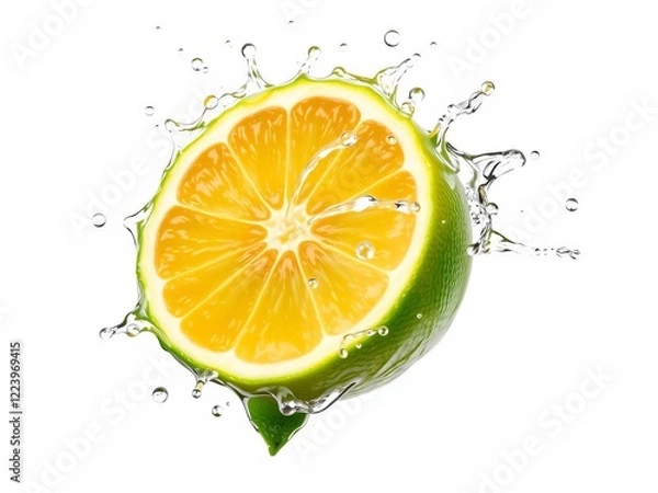 Obraz Fresh lime cut in half creating a refreshing splash of water on a clean white background, citrus, half