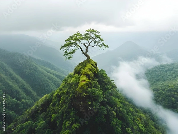 Obraz Lone tree mountain peak misty landscape