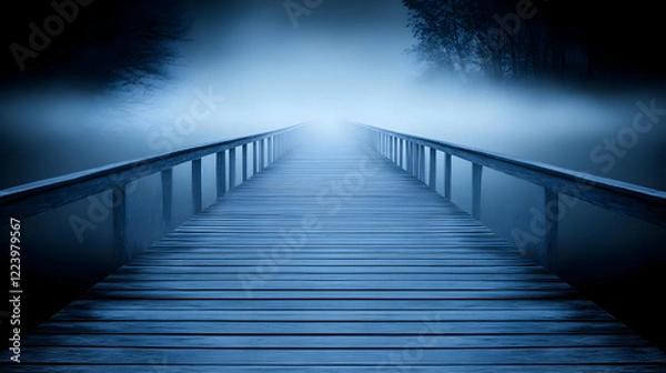 Obraz Misty bridge path, foggy lake, serene morning, travel poster