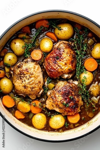 Obraz Braised Chicken Thighs with Potatoes, Carrots, and Herbs in a Dutch Oven