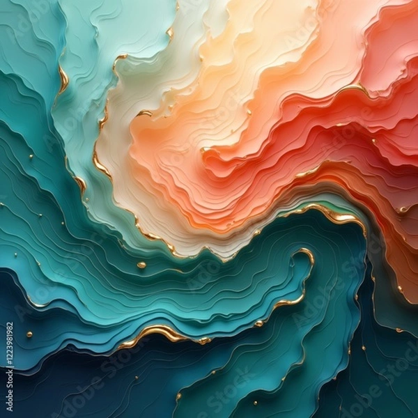 Fototapeta Abstract 3D Wavy Design with Gold, Teal, and Peach Tones