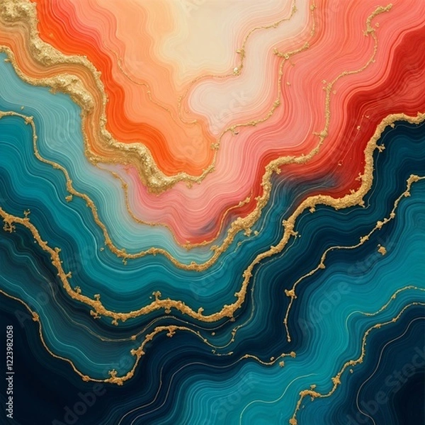 Fototapeta Abstract Wavy Design with Gold, Coral, and Teal Layers