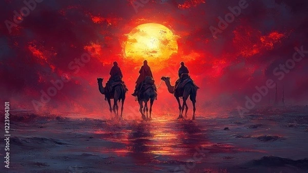 Fototapeta Three Wise Men Journey at Sunset
