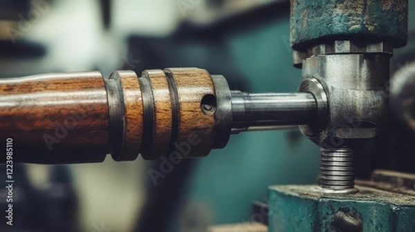 Fototapeta Close-up of Precision Metal Tool with Wooden Handle in Workshop