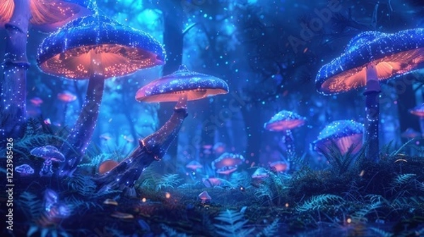 Fototapeta a group of glowing mushroom in a fantasy world