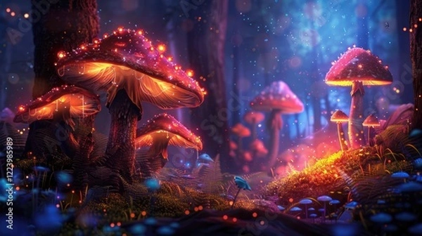 Fototapeta a group of glowing mushroom in a fantasy world