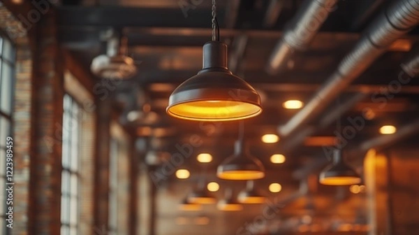 Fototapeta Elegant Modern Light Fixture Suspended from Ceiling Casting Warm Glow Creating Inviting Atmosphere in Stylish Interior Space Enhancing Ambiance and Aesthetic Appeal of Contemporary Home Design