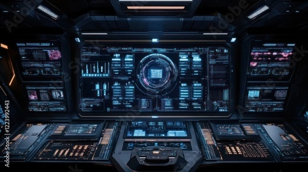 Fototapeta Futuristic Spaceship Bridge: High-Tech Control Room with Advanced Interfaces and Displays