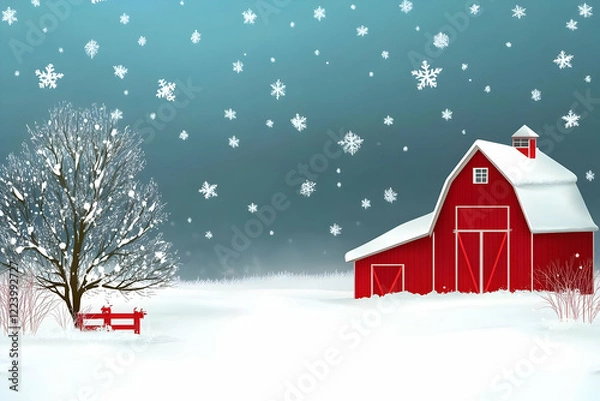 Obraz Snowy red barn winter scene, postcard