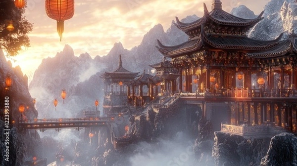 Obraz Winter Asian temple complex at sunrise with lanterns