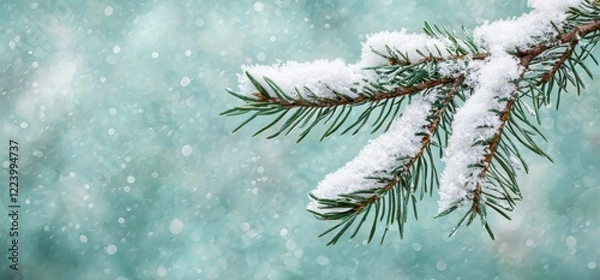Fototapeta Snow Covered Pine Branch on a Winter Background