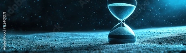 Obraz Hourglass on sandy surface, symbolizing the passage of time in a serene, blue-lit environment, with soft particles floating in the air