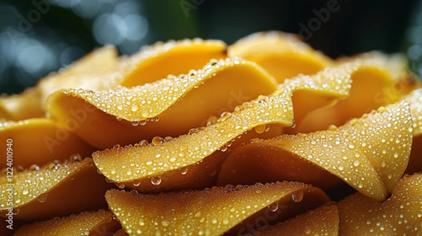 Fototapeta This image showcases a vibrant pile of ripe yellow bananas, glistening with water droplets that enhance their freshness and appeal.