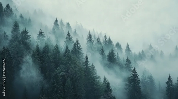 Fototapeta misty evergreen forest scene, capturing the tranquility of tall, lush trees veiled in a delicate mist