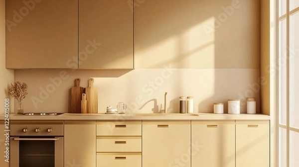 Fototapeta Sunlit minimalist kitchen interior design