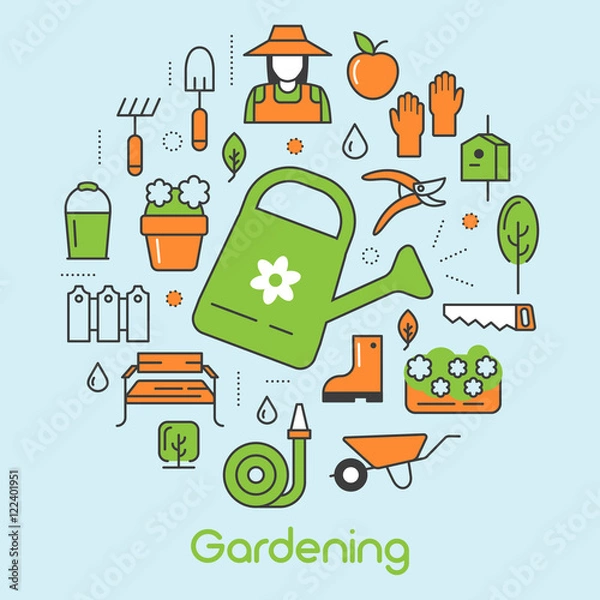 Fototapeta Gardening Thin Line Vector Icons Set with Flowers and Gardener