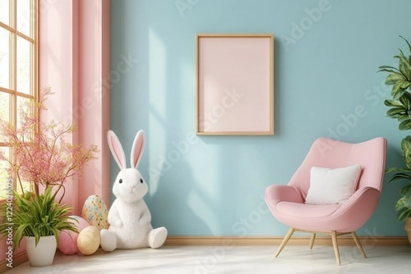 Fototapeta Cozy Easter-themed Room Featuring Mockup Frame and Soft Pastel Tones. Generative AI