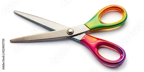 Fototapeta Stainless Steel Scissors, New Single Pair, Top View, White Background, Clipping Path, Flat Lay, Isolated Scissors