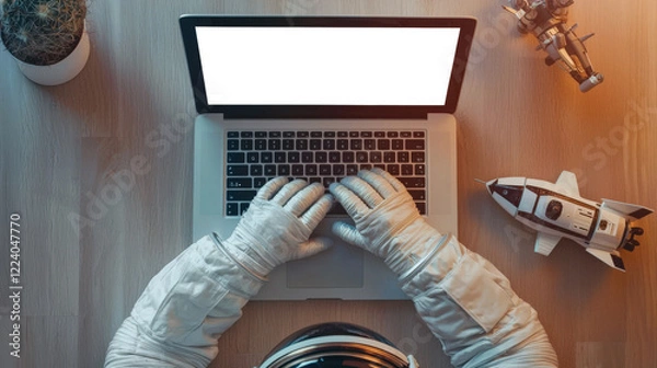 Fototapeta Laptop mockup, top view. An astronaut's workplace. Cosmonautics Day is April 12. A man in a space suit is typing on a laptop. There is a rocket model on the table next to the laptop