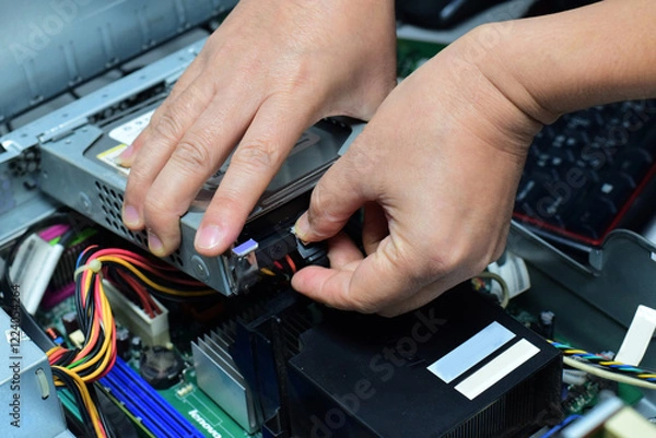 Fototapeta A computer technician is plugging in the power and data cables to the hard disk.