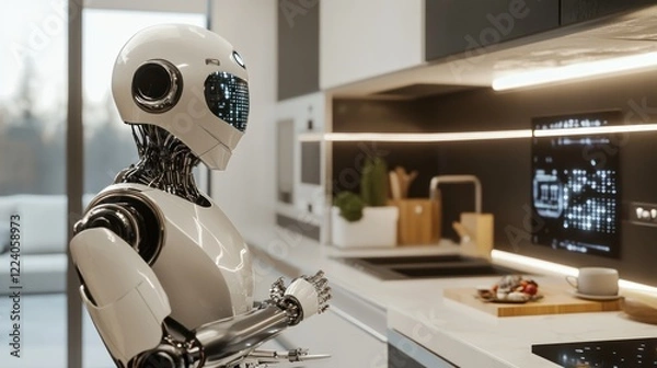 Fototapeta Modern robot assistant in a futuristic kitchen, preparing a meal