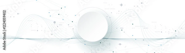 Fototapeta Vector illustration abstract modern technology design. White circle, geometric shape, wave wireframe line pattern and circuit board on white - grey background. Technology concept for banner, template