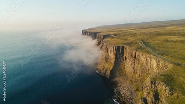 Fototapeta A winding road through the remote Westfjords in Iceland, surrounded by dramatic cliffs and misty waters.
