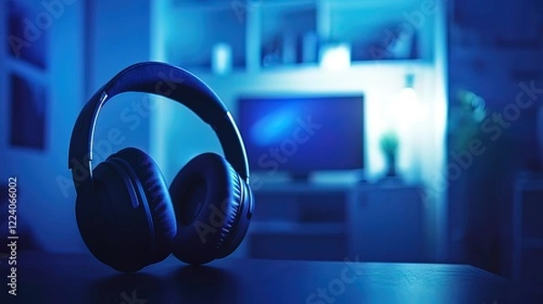 Obraz Over-ear headphones rest on a table in a dimly lit room.