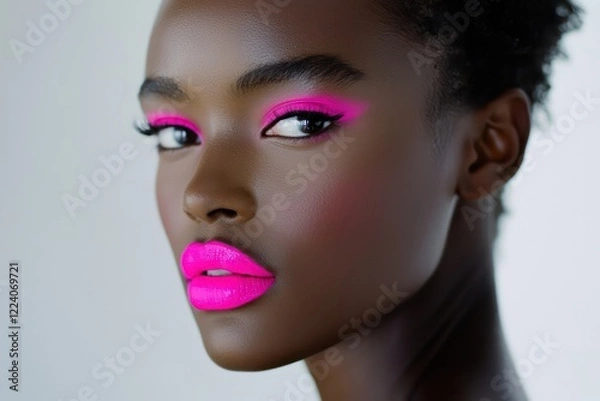 Fototapeta A close-up shot of a model with neon pink lipstick, her lips bold and vivid against a pristine white background, creating an eye-catching contrast