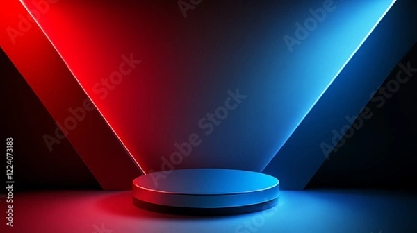 Fototapeta Modern abstract stage with blue and red neon light glow on dark display platform with futuristic technology background