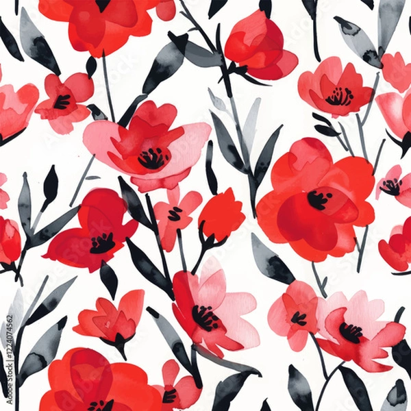 Fototapeta Cute red flowers watercolor seamless pattern. Watercolor print in rustic vintage style, textile or wallpapers.