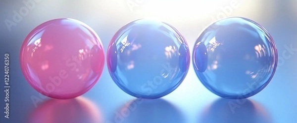 Fototapeta Three translucent spheres in pink and blue hues on a reflective surface.