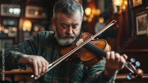 Fototapeta A man is playing a violin in a restaurant. The atmosphere is serene and tranquil, as the man focuses on his music. The restaurant is dimly lit, with a few other patrons scattered around