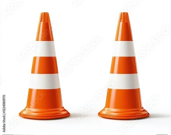 Fototapeta Two orange and white traffic cones isolated on white background. (2)