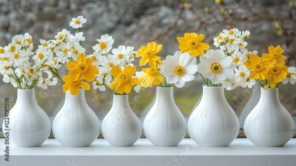 Fototapeta White and yellow flowers in vases on a windowsill displaying spring charm