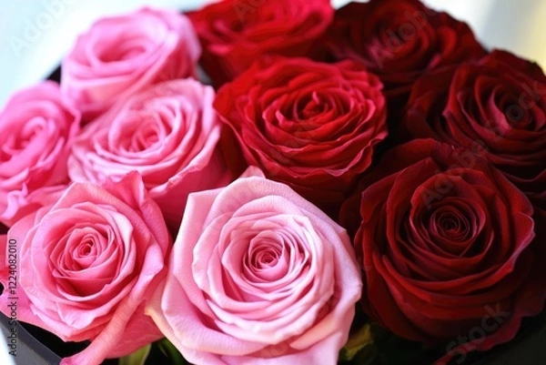 Fototapeta A bouquet of roses in a black vase with pink and red flowers. The arrangement is full and colorful, creating a cheerful and vibrant mood