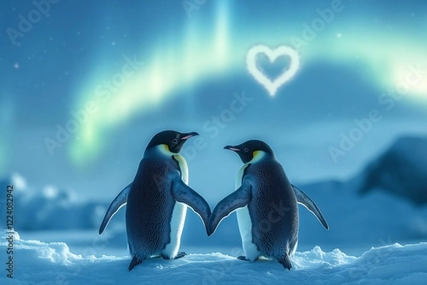 Obraz Two Penguins Embrace Underneath Arctic Aurora Heart