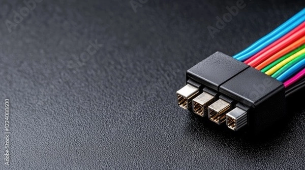 Fototapeta Colorful cables connector on dark surface. Technology background