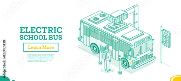Fototapeta Isometric Electric School Bus on Charging Station. Ecological Public Transport. Outline Concept.