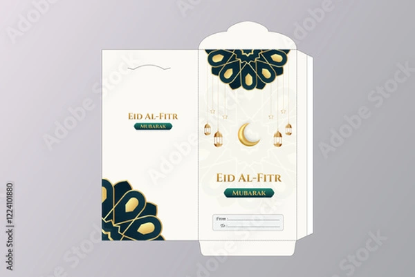 Fototapeta Eid Al fitr Mubarak greeting envelope design. Happy Eid Al fitr Mubarak with mandala lanterns moon and stars illustration