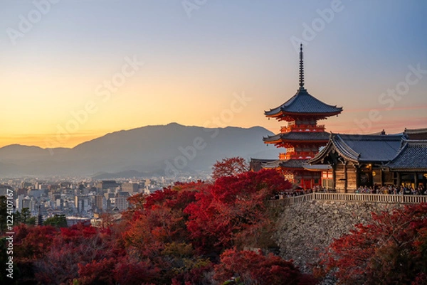 Fototapeta sunset at Kiyomizu Dera Pagoda Temple with red maple leaves or fall foliage in autumn season. Colorful trees, Kyoto, Japan