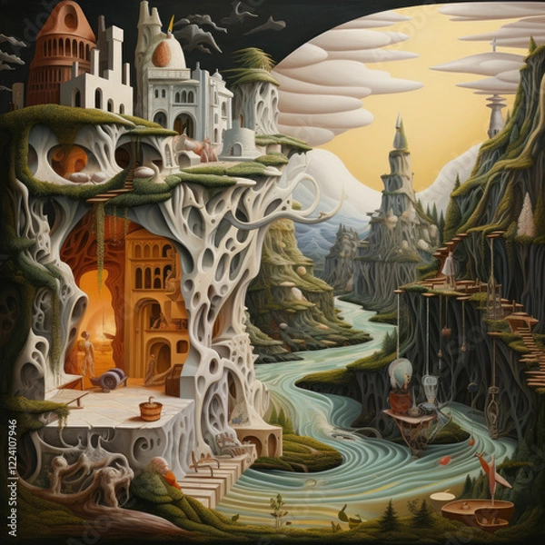 Obraz Surreal landscape with whimsical architecture and flowing river
