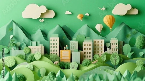 Fototapeta The environmental Paper cut out cityscape with green background. Trees, clouds, deer. Concept of urban ecology