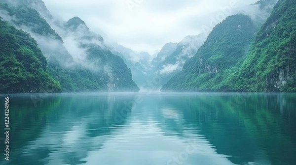 Fototapeta Misty Mountain Lake Serenity: A Breathtaking Panorama of Nature's Majesty