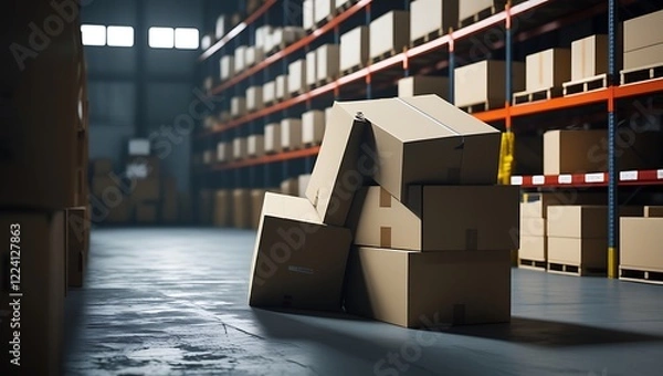 Fototapeta Stacked boxes tipping over in a warehouse, representing workplace hazards, logistics challenges, safety, and storage issues

