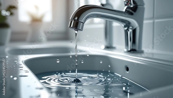 Fototapeta Leaking faucet with water drips creating a puddle, representing water wastage, plumbing, eco-friendly solutions, and home maintenance

